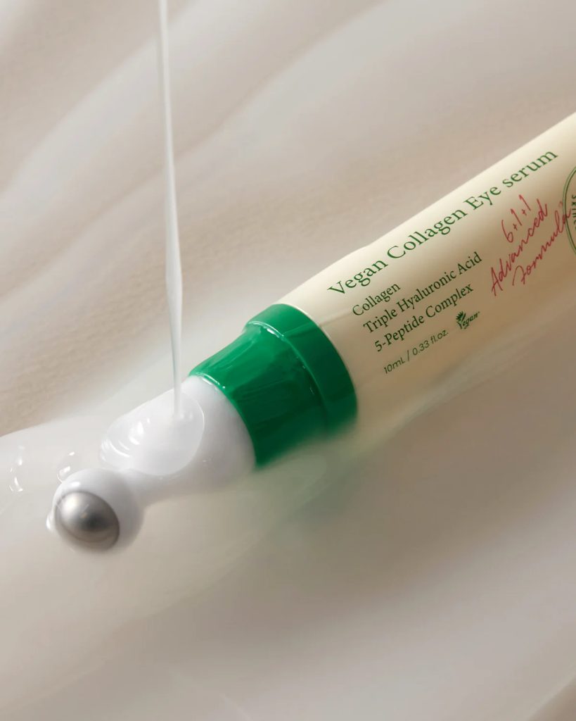 AXIS – Y Vegan Collagen Eye Serum in a bottle, showcasing its moisturizing and rejuvenating effects for eye contour care